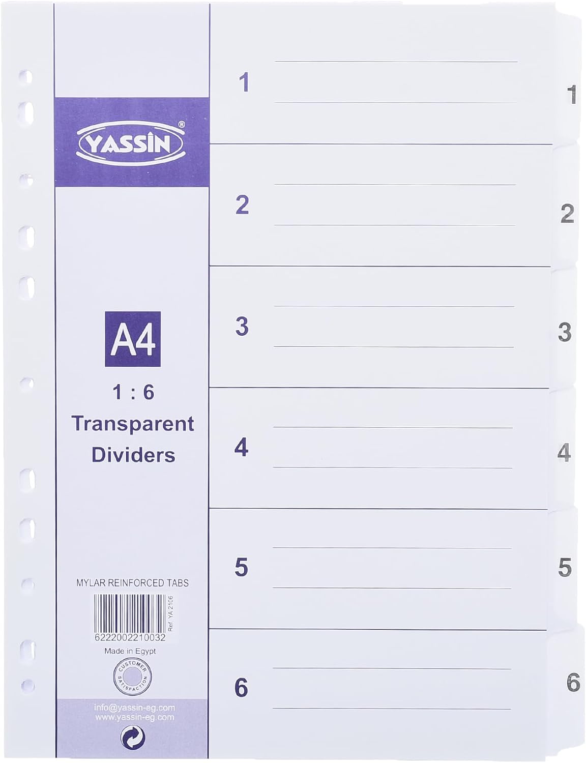YASSIN A4 6-Section Transparent Index Dividers – Numbered File Organizer with Reinforced Mylar Tabs - No: YA2106