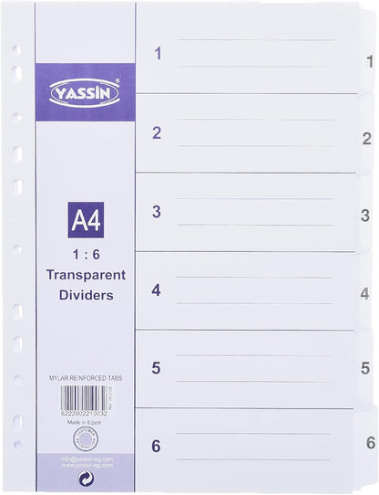 YASSIN A4 6-Section Transparent Index Dividers – Numbered File Organizer with Reinforced Mylar Tabs - No: YA2106