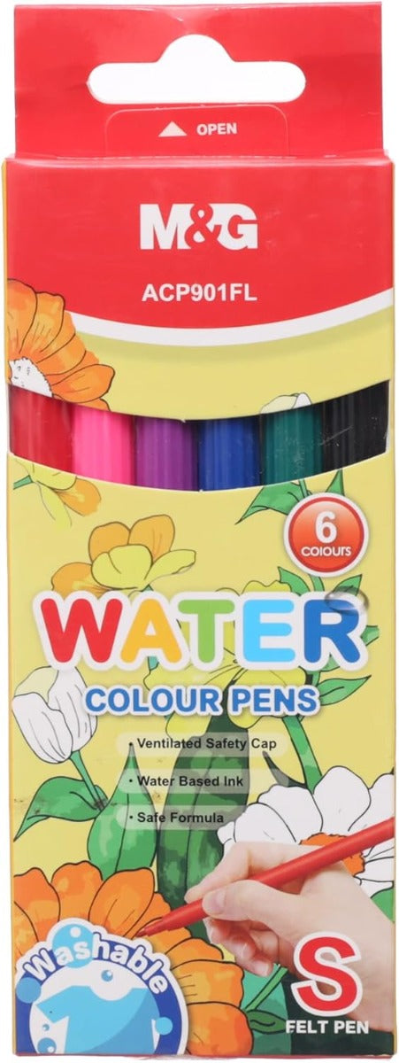 M&G Chenguang WaterColor S-Felt Tip Pens, Bright Art Creations, Fine Tip, Non-Toxic Ink, 6 Colors - No:ACP901FL