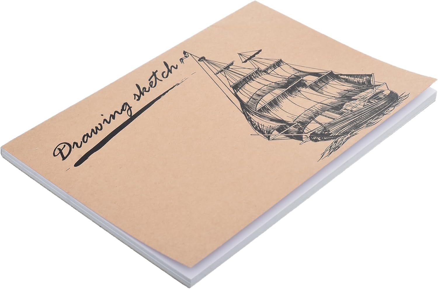 Notebook with ship illustration and 'Drawing Sketch' text on a white background