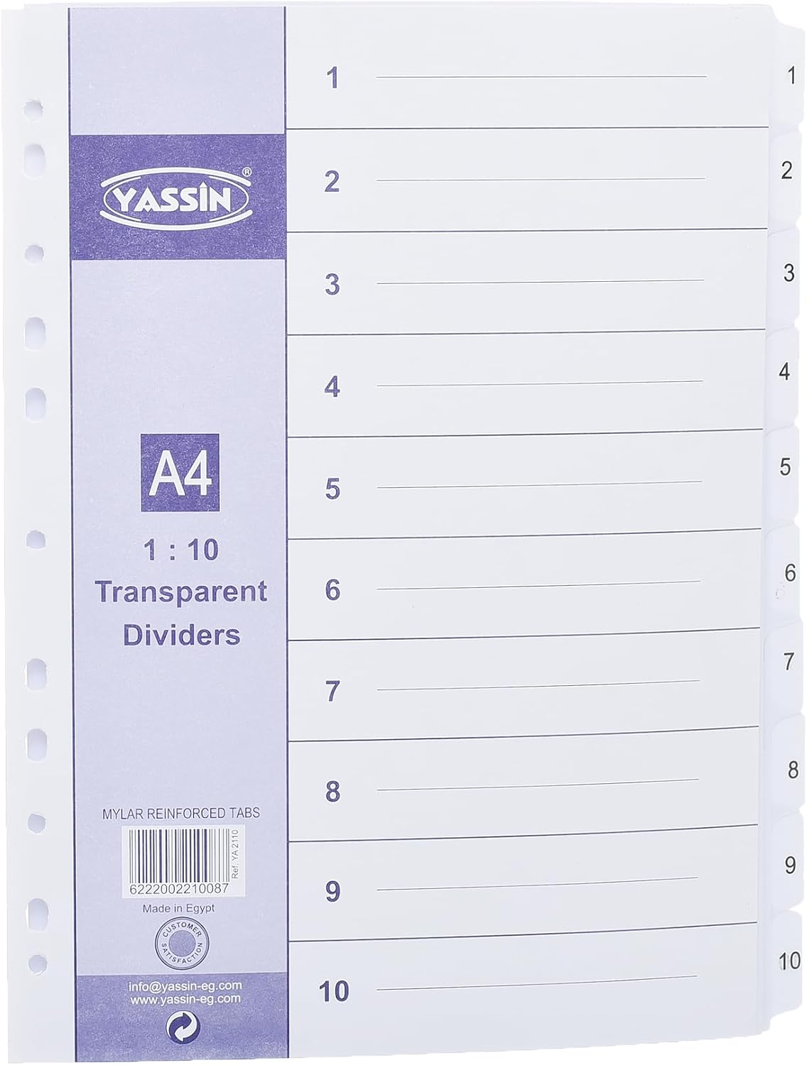 YASSIN A4 10-Section Transparent Index Dividers – Numbered File Organizer with Reinforced Mylar Tabs - No: 2110