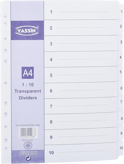 YASSIN A4 10-Section Transparent Index Dividers – Numbered File Organizer with Reinforced Mylar Tabs - No: 2110