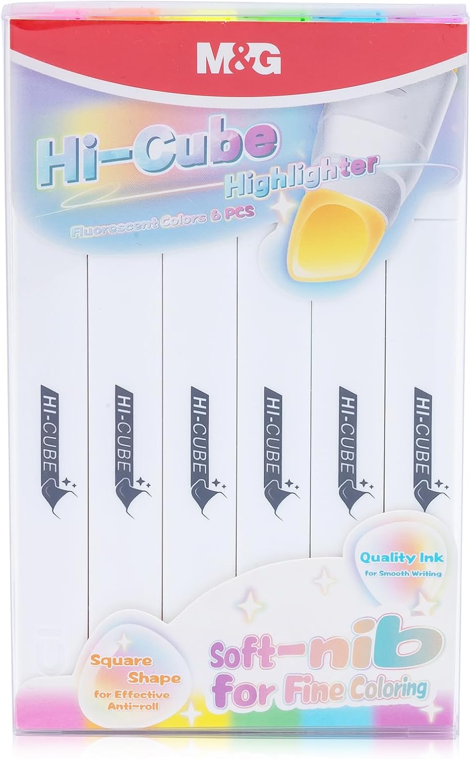 M&G Chenguang HI-CUBE Highlighters, 6 Pack Pastel Colors, Soft-Nib Chisel Tip with Fat Rectangular Barrel Design, No Bleed Highlighters for Journaling - No: AHMU1674