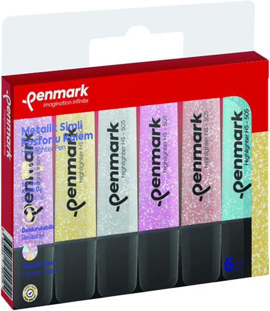 Penmark set of 6pcs Chisel Tip glitter highlighters - No:HS-505