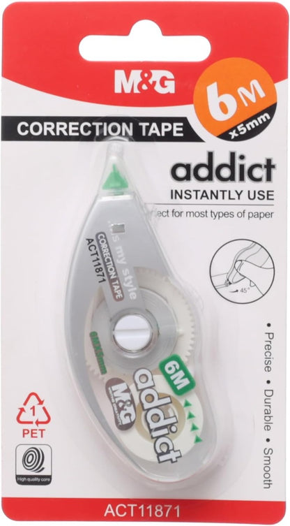 M&G Chenguang Addict Correction Tape,6m x 5mm for Clean and Precise Writing Fixes - No:Act11871
