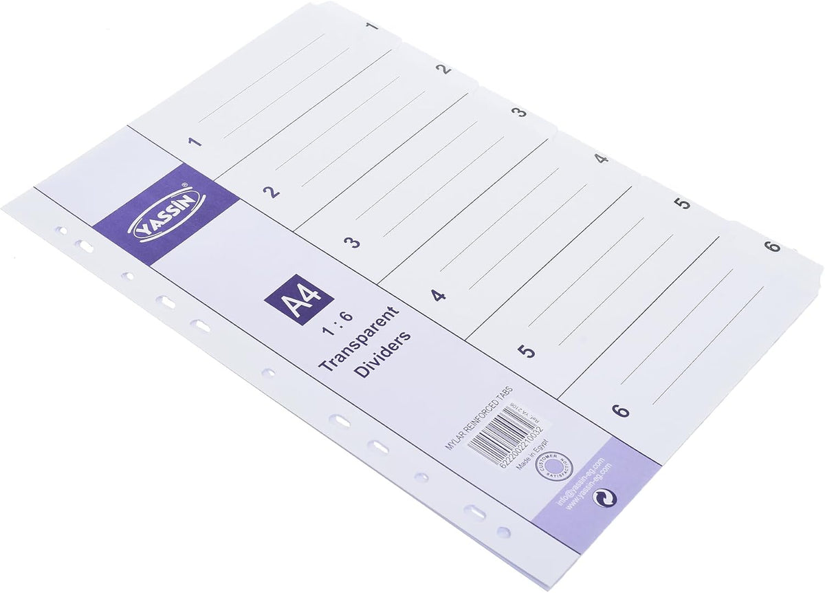 YASSIN A4 6-Section Transparent Index Dividers – Numbered File Organizer with Reinforced Mylar Tabs - No: YA2106