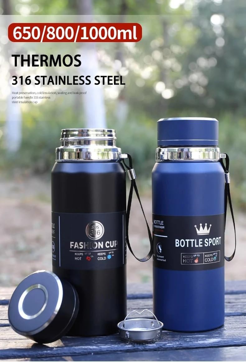800ml Sports Vacuum Insulated Flask – Stainless Steel Thermal Bottle with Carry Strap | Hot & Cold Water Bottle