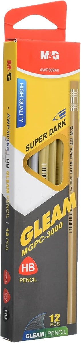 M&G Chenguang Pack of 12 Super Dark Gleam Pencil Pack, HB Lead with Erasers - No:AWP309A0