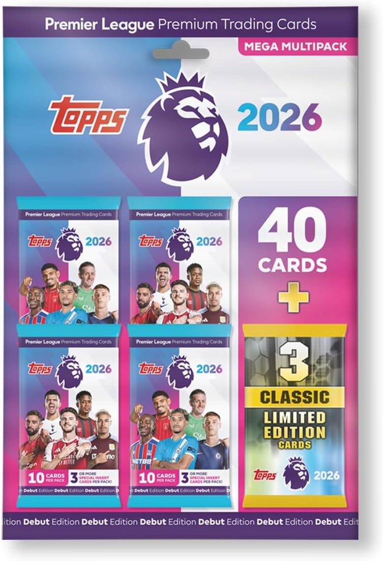 Topps Premier League 2025/2026 Collectible Football Trading Cards, Mega Multipack with 40 Cards, 3 or more Special Insert Cards per Pack + 3 Classic Limited Edition Cards