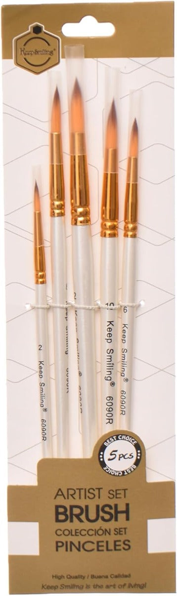 Keep Smilling Set Of 5 Pieces Of Round Paint Brushwith White Handel - NO: 6090R