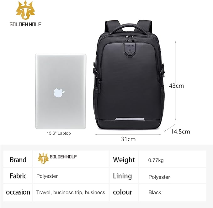 حقيبة ظهر جولدن وولف للجنسين، سعة 19 لترًا، مضادة للسرقة، تفتح بزاوية 180 درجة، تتسع لجهاز كمبيوتر محمول حتى 15.6 بوصة - رقم المنتج: GB0444 