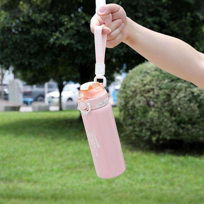 Sports Stainless Steel Water Bottle 600ml | Leak Proof Vacuum Insulated Flask | Hot & Cold Thermos Bottle with Strap for Gym, School, Office & Travel