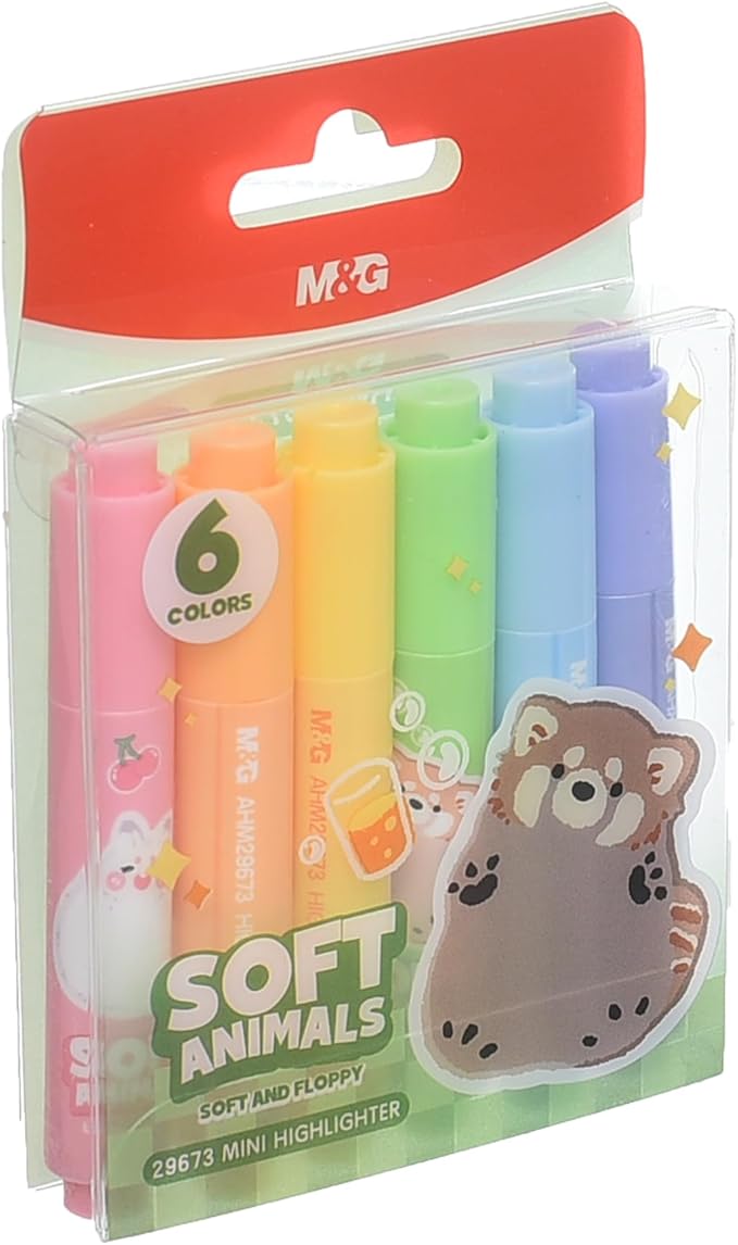 مجموعة أقلام التظليل الصغيرة من إم آند جي تشنغوانغ برسومات حيوانات ناعمة، تظليل فعال للملاحظات، رأس مشطوف، 6 ألوان - رقم المنتج: AHM29673