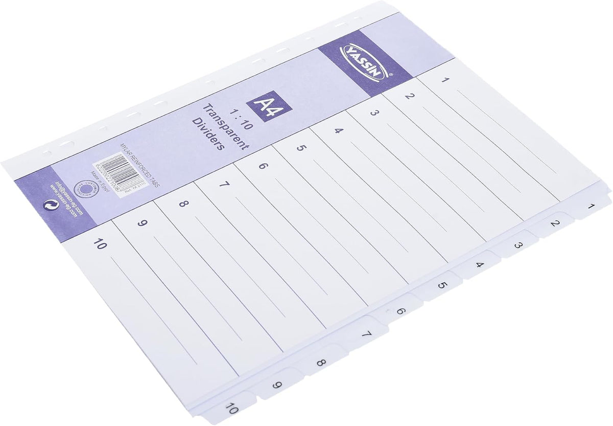 YASSIN A4 10-Section Transparent Index Dividers – Numbered File Organizer with Reinforced Mylar Tabs - No: 2110