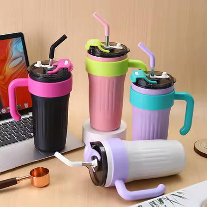 860ml Vacuum Insulated Tumbler with Handle & Straw – Stainless Steel Leakproof Travel Mug for Hot & Cold Drinks