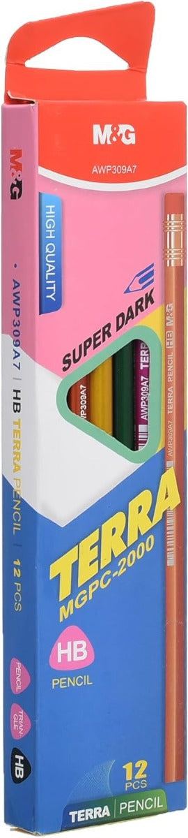 M&G Chenguang Pack of 12 Super Dark Terra Pencil Pack, HB Lead for Smooth, Dark Writing in Notes and Sketches - No:AWP309A7