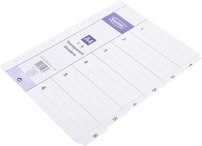 YASSIN A4 6-Section Transparent Index Dividers – Numbered File Organizer with Reinforced Mylar Tabs - No: YA2106