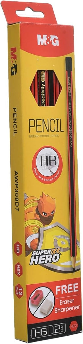 مقلمة أقلام رصاص M&amp;G Chenguang، HB، 12 قطعة + ممحاة ومبراة مجانية، رقم المنتج: AWP308D7 