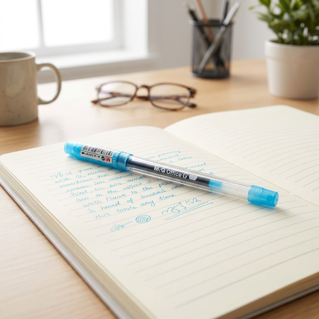M&G Office G 0.5mm light blue gel pen No.13271 on notebook - lifestyle