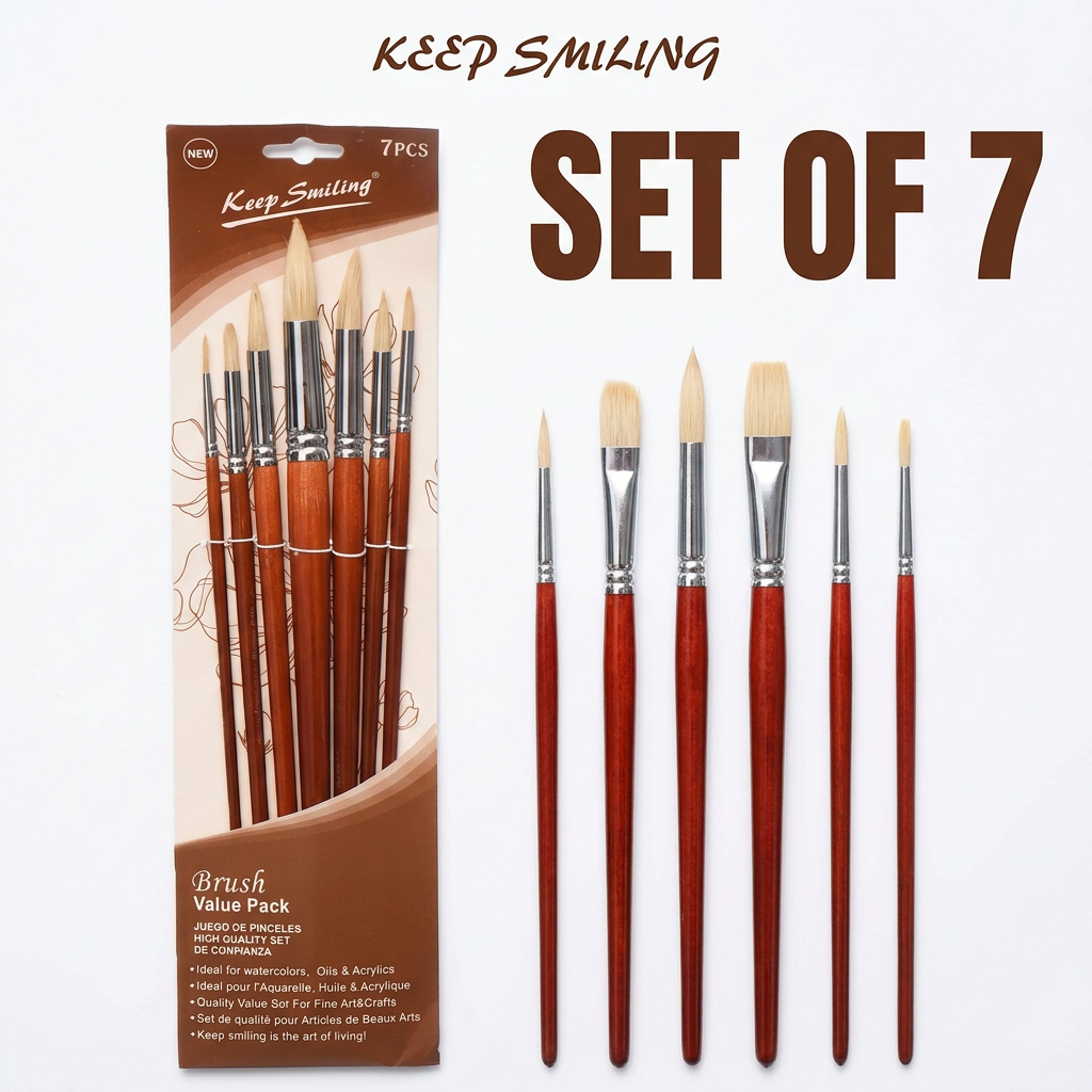 Keep Smiling set of 7 round bristle brushes flatlay with palette and swatches