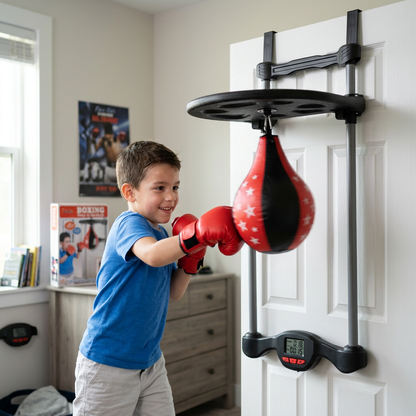 Kid boxing the over-the-door speed punching bag with counter