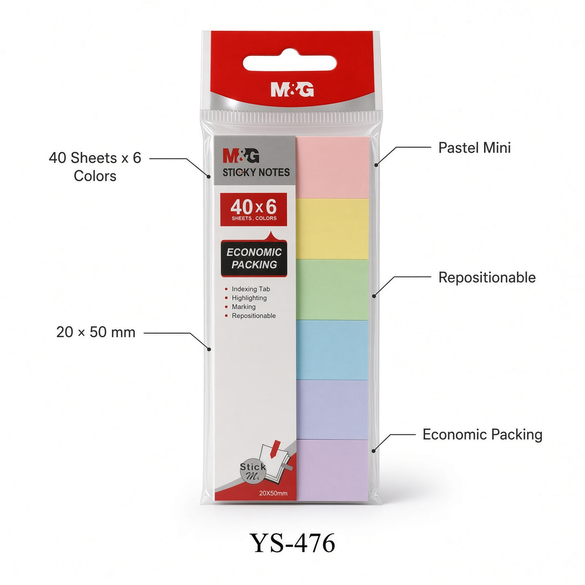 M&G Chenguang PETSTICK Sticky Page Flags – 6 Colors, 20 Sheets Each, Transparent Writable Index Tabs – No: YS-21