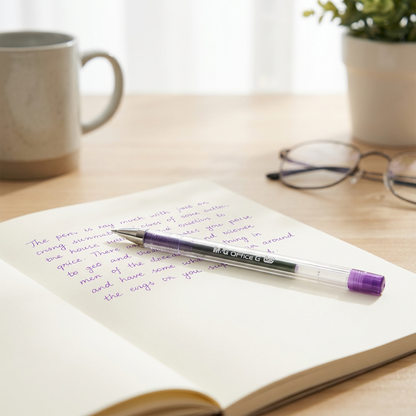 M&G Office G 0.5mm purple gel pen No.13271 on notebook - lifestyle