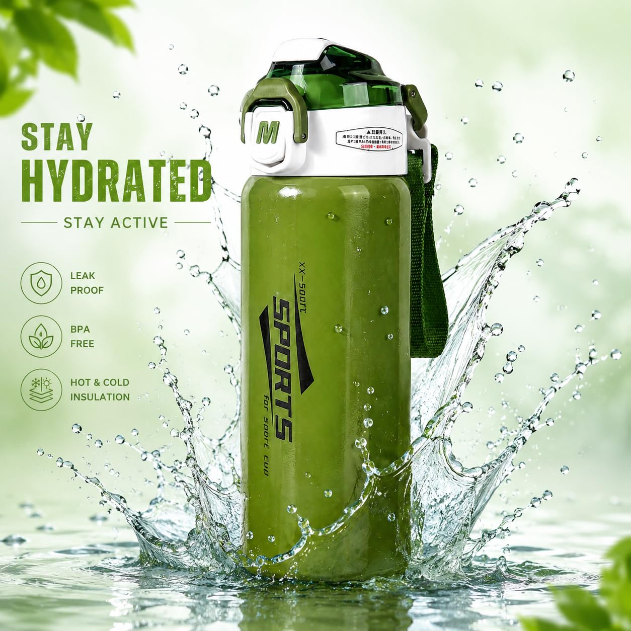 Sports Stainless Steel Water Bottle 600ml | Leak Proof Vacuum Insulated Flask | Hot & Cold Thermos Bottle with Strap for Gym, School, Office & Travel