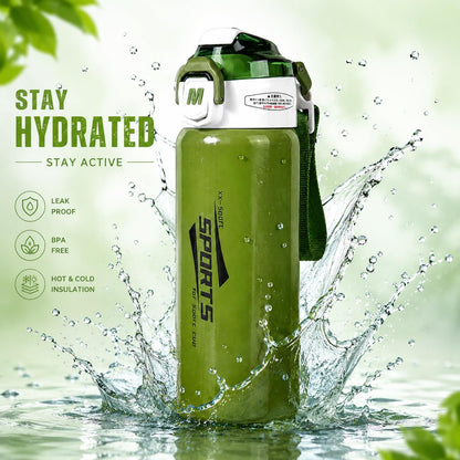 Sports Stainless Steel Water Bottle 600ml | Leak Proof Vacuum Insulated Flask | Hot & Cold Thermos Bottle with Strap for Gym, School, Office & Travel