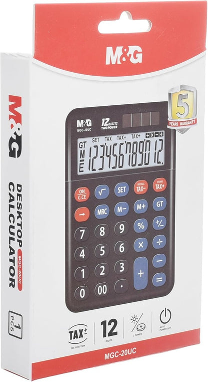 آلة حاسبة مكتبية من إم آند جي تشنغوانغ، مزودة بوظيفة الضرائب، 12 رقمًا، تعمل بمصدرين للطاقة، أداء موثوق، موديل MGC-20UC - رقم المنتج: ADG981J9