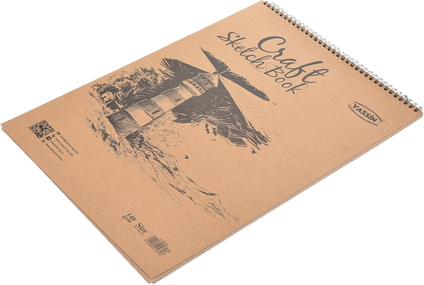 دفتر رسم ياسين كرافت، 24 ورقة، 27 × 42 سم، غلاف سلكي، 140 جرامًا للمتر المربع، للمشاريع الفنية 