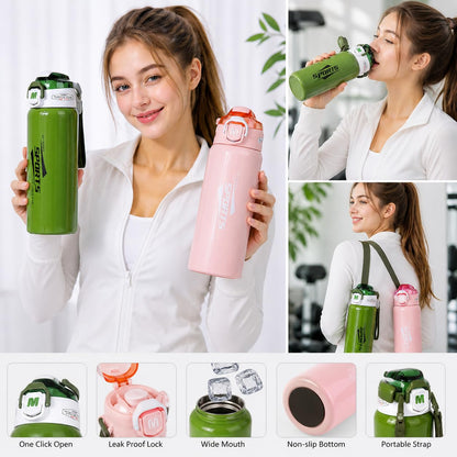 Sports Stainless Steel Water Bottle 600ml | Leak Proof Vacuum Insulated Flask | Hot & Cold Thermos Bottle with Strap for Gym, School, Office & Travel