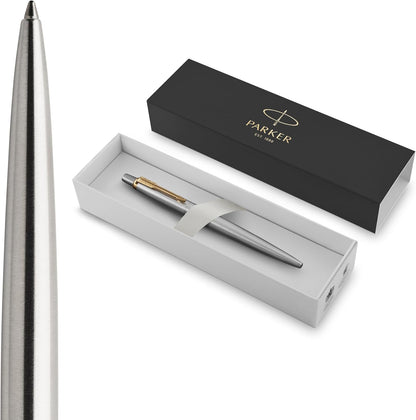 Parker Jotter Stainless Steel with Chrome Trim Ballpoint Pen Gift Set – Premium Blue Ballpoint Pen with Luxury Presentation Box - GT Gold / Silver