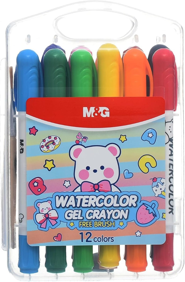 M&G Chenguang Watercolor Gel Crayon Set Vibrant Colors with Brush for Smooth Art 12 colors - No:AGMY5843