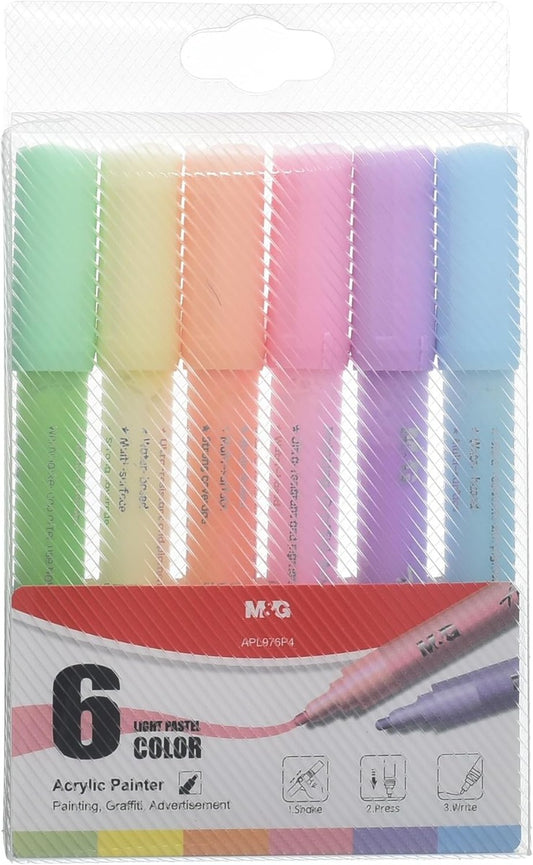 M&G Chenguang Acrylic Pastel Marker Set, Vibrant Art Creations, Fine Tip, Smooth Flow, 6 Colors - No:APL976P4