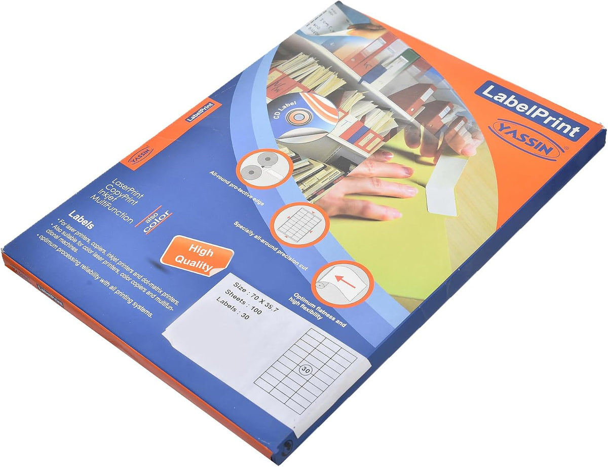 Yassin Professional Medium Adhesive Label Sticker, 29.7x70 mm With Premium Material - Size: A4 - 30 Labels in Sheet - 100 sheets - No: 0724