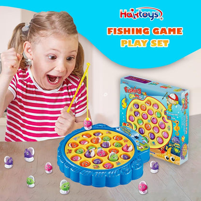 Fishing Game Play Set Includes 21 Fish and 4 Fishing Poles on Rotating Board with Music On/Off Switch for Quiet Play