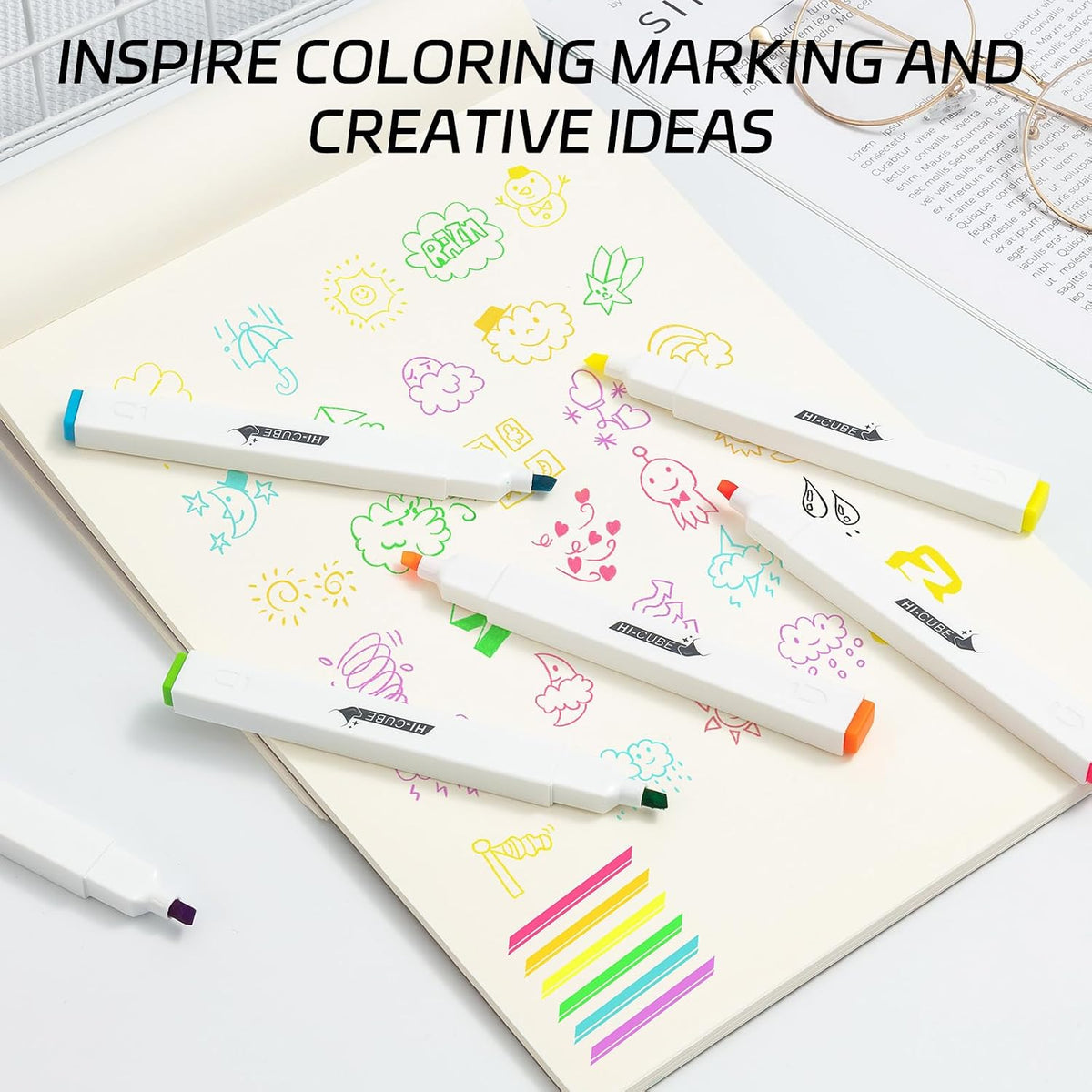 M&G Chenguang Pack HI-CUBE Highlighters, 6pcs Fluorescent Colors, Soft-Nib Chisel Tip with Fat Rectangular Barrel Design - No:AHMU1673