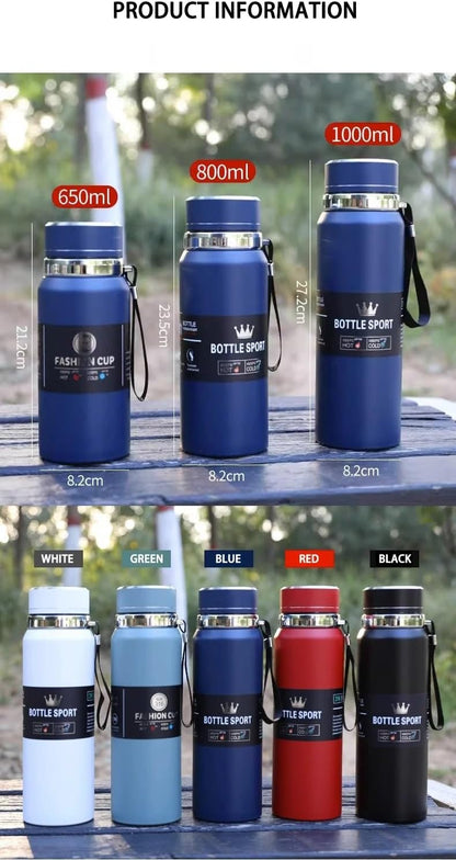 800ml Sports Vacuum Insulated Flask – Stainless Steel Thermal Bottle with Carry Strap | Hot & Cold Water Bottle