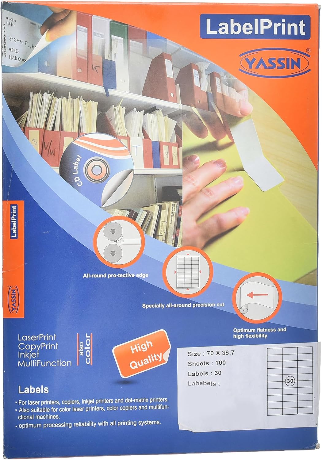 Yassin Professional Medium Adhesive Label Sticker, 29.7x70 mm With Premium Material - Size: A4 - 30 Labels in Sheet - 100 sheets - No: 0724
