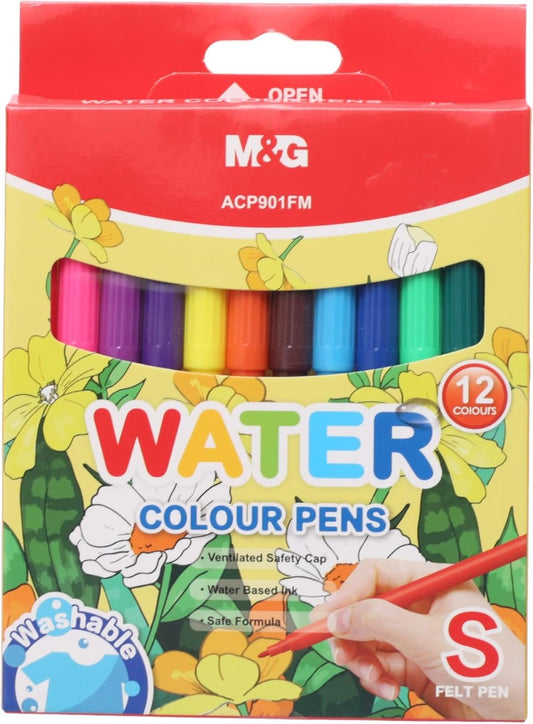 M&G Chenguang Water Color Pens S-Felt Tip Pens, Colorful Art Creations, Fine Tip, Smooth Flow, 12 Colors - No:ACP901FM