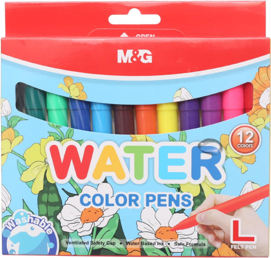 M&G Chenguang Washable watercolor L-Felt Tip Pens, Colorful Art Creations, Jumbo Tip, Non-Toxic Ink, 12 Colors - No:ACP901FT