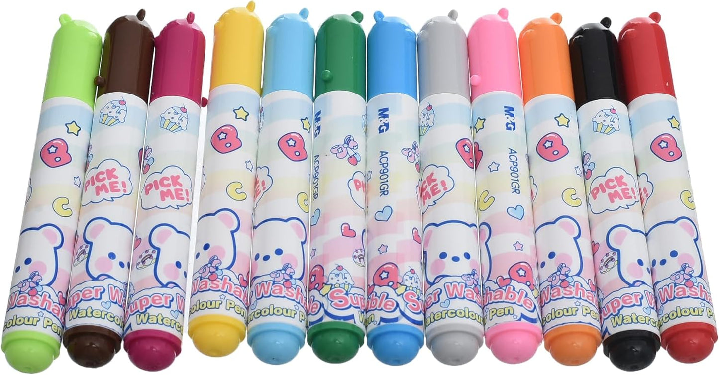 M&G Chenguang Super Washable Watercolour Marker Felt Tip Pens, 12 Vibrant Colors for Bold Drawing - No:ACP901GR