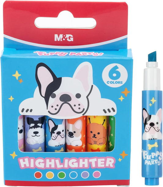 M&G Chenguang Puppy Party 6 Pack Mini Highlighters, Assorted Fluorescent Colors, Cute Puppy Design Highlighter Pens, Quick Dry Chisel Tip - No: AHM29675