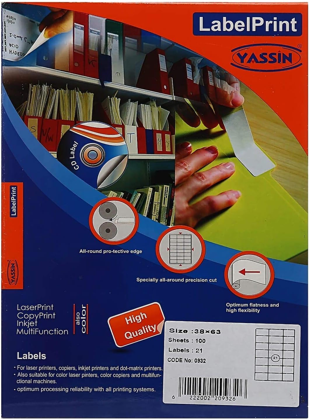 Yassin Professional Medium Adhesive Label Sticker,63x38 mm With Premium Material - Size: A4 - 21 Labels per Sheet - 100 sheets - No: 0932