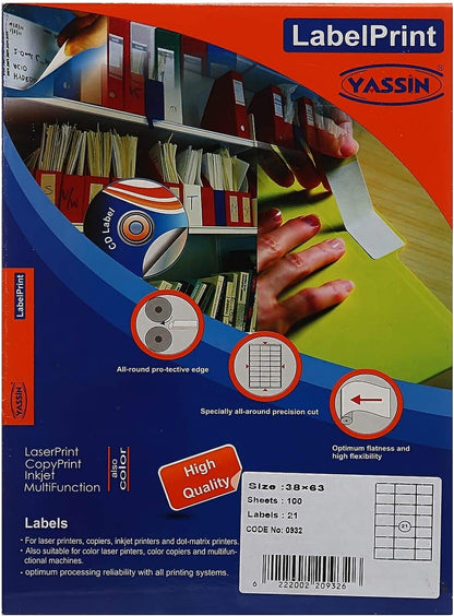 Yassin Professional Medium Adhesive Label Sticker,63x38 mm With Premium Material - Size: A4 - 21 Labels per Sheet - 100 sheets - No: 0932