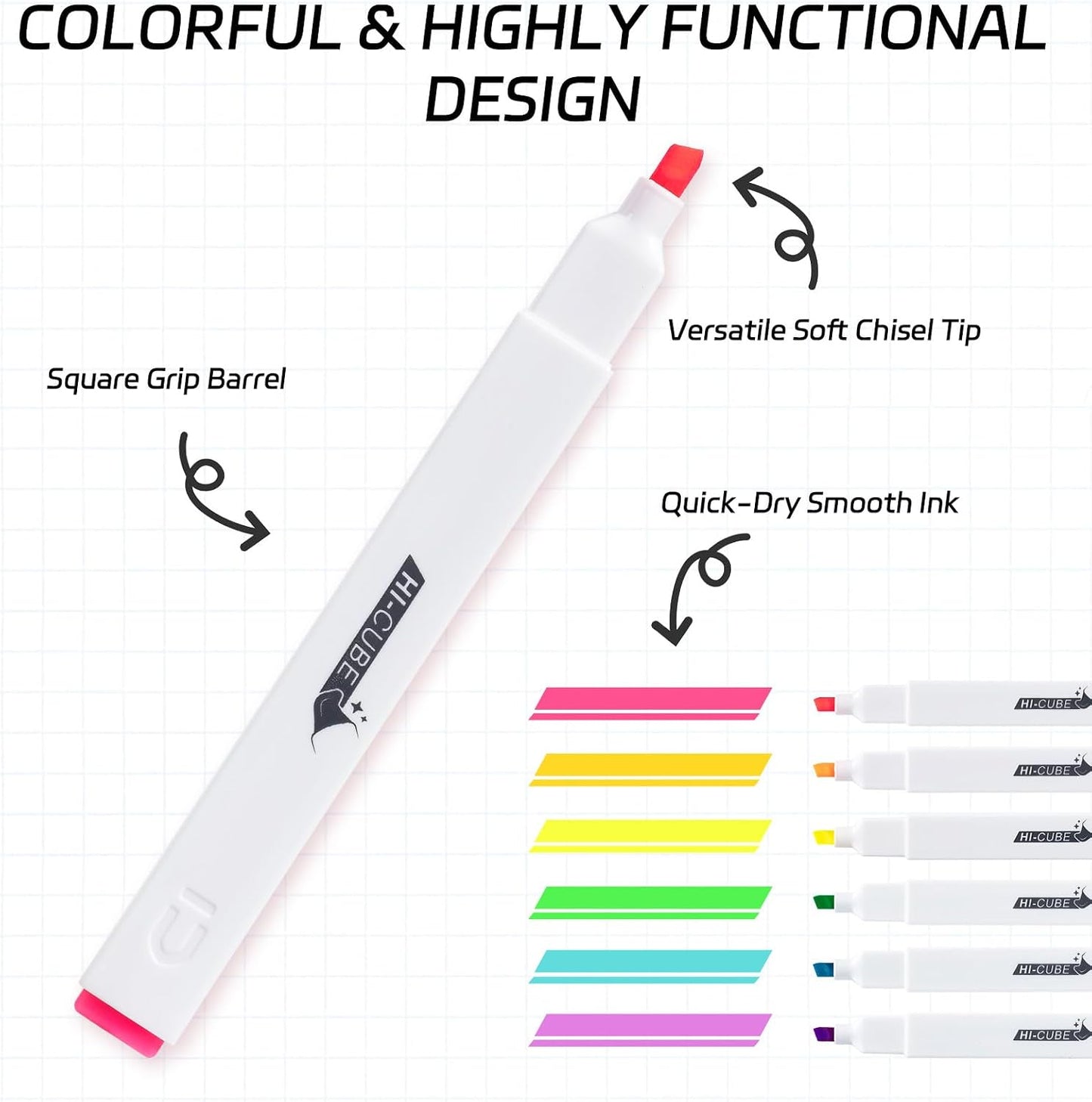 M&G Chenguang HI-CUBE Highlighters, 6 Pack Pastel Colors, Soft-Nib Chisel Tip with Fat Rectangular Barrel Design, No Bleed Highlighters for Journaling - No: AHMU1674
