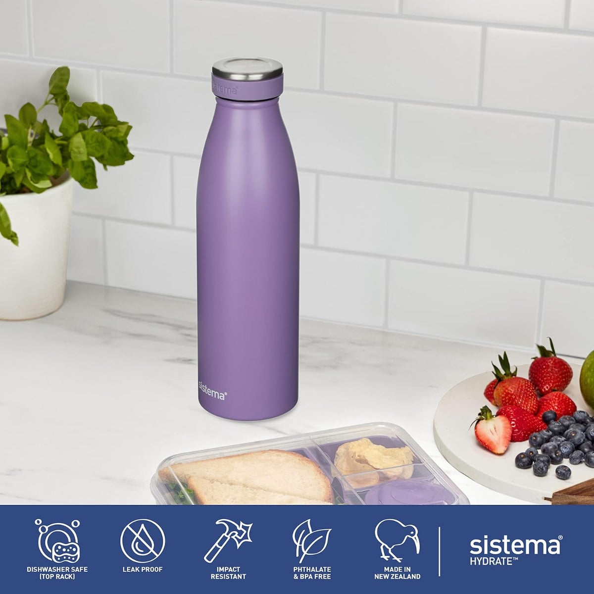 Sistema Hydrate Stainless Steel Water Bottle 500 ml Leak-Proof Reusable BPA & Phthalate Free - No:00550 - Assorted Color