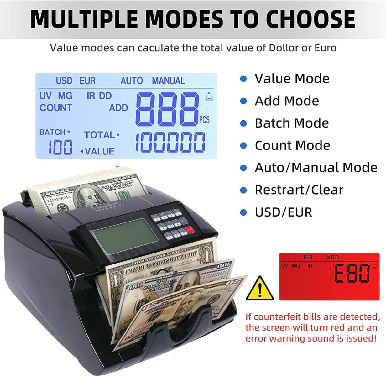 Bill Counter Machine, Money Counting Machine with UV/MG/IR Counterfeit Detection - No:M129