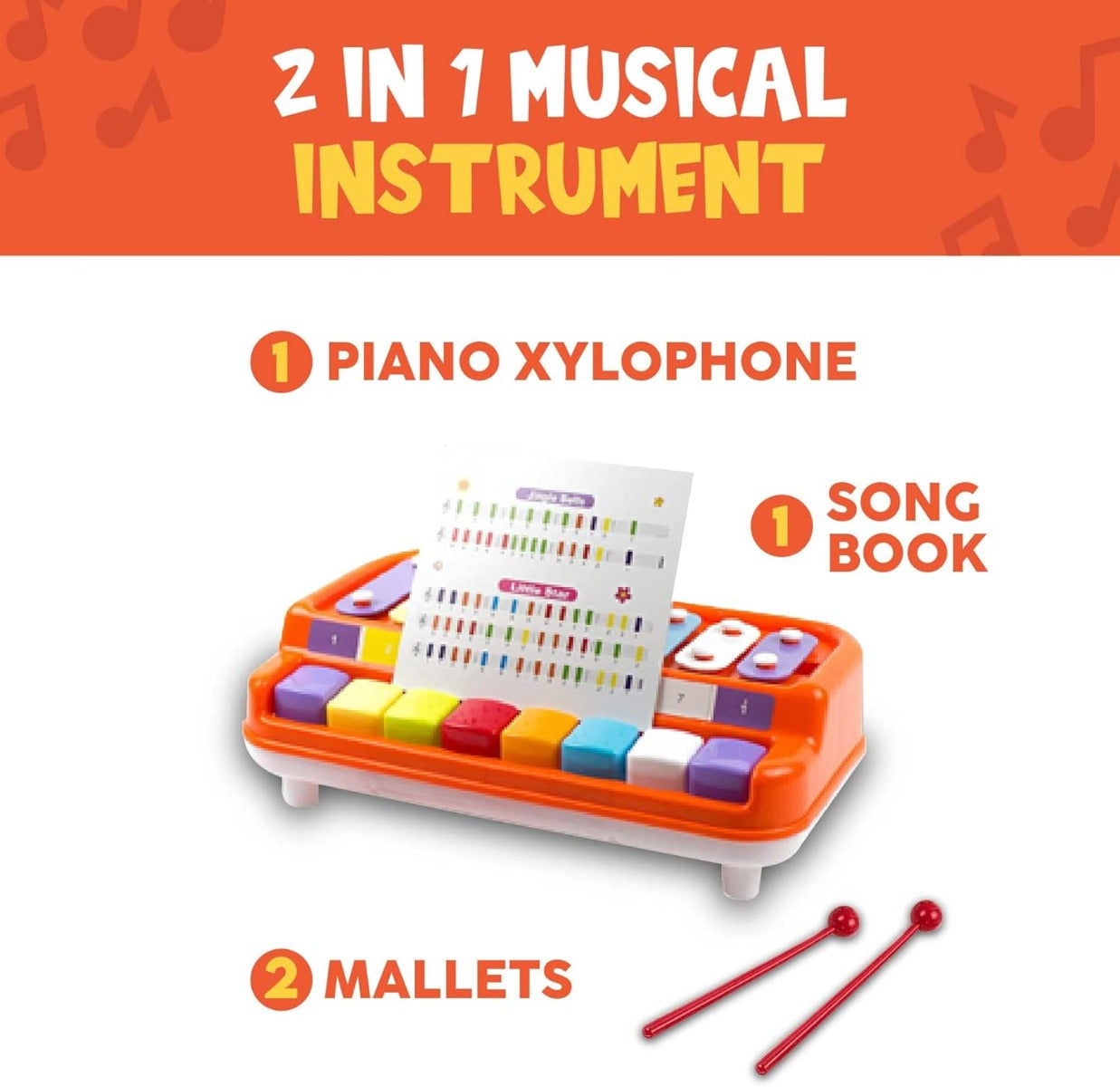 2 in 1 Baby Piano Xylophone for Toddlers. Piano Toy Musical Instrument with 8 Multicolored - No: 777